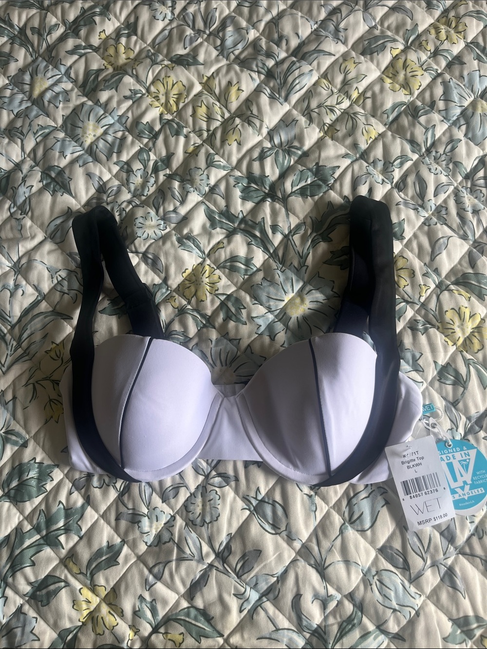 Women’s Padded Bikini Top in White with Black Accents